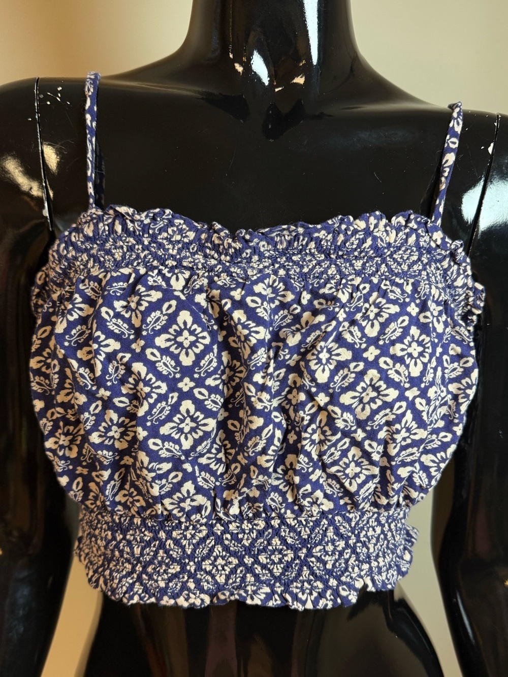 Patrons of Peace Smocked Floral Crop Tank | Size Small | Blue & White Boho Cami
